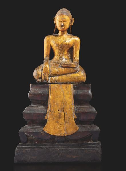 Figura di Buddha Sakyamuni in legno laccato e dorato, Thailandia, XIX secolo, Regno di Rattanakosin/del Siam (1782-1932)  - Asta Arte Orientale - Associazione Nazionale - Case d'Asta italiane