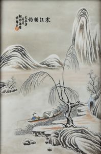 Placca in porcellana con paesaggio invernale e iscrizioni, titolato Han Jiang Du Diao, dipinto da Hu Bang Hao, Cina, periodo Repubblica, XX secolo  - Asta Arte Orientale - Associazione Nazionale - Case d'Asta italiane