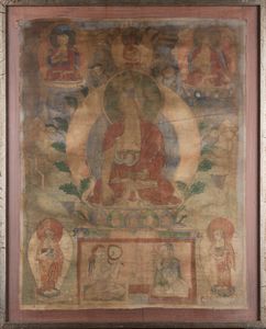 Thangka su seta raffigurante figura di Buddha Sakyamuni centrale e altre divinit, Tibet, XVIII secolo  - Asta Arte Orientale - Associazione Nazionale - Case d'Asta italiane