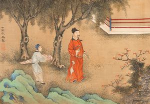 Lungo Scroll in formato orizzontale con scene di vita e iscrizione laterale, Scuola di Qiu Ying, XX Secolo  - Asta Arte Orientale - Associazione Nazionale - Case d'Asta italiane