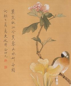 Scroll con iscrizioni, fiori e uccello su ramo con scatola, Xu Kun Yuan, Cina, XX secolo  - Asta Arte Orientale - Associazione Nazionale - Case d'Asta italiane