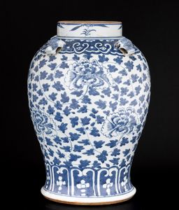 Giara in porcellana bianca e blu con motivi floreali e decoro a rilievo, Cina, XIX secolo  - Asta Arte Orientale - Associazione Nazionale - Case d'Asta italiane