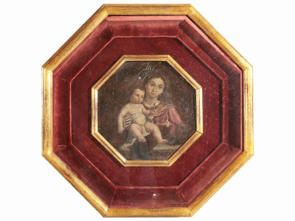 Scuola emiliana del XVIII secolo : Madonna con Bambino e rose  - Asta Una casa fiorentina - Associazione Nazionale - Case d'Asta italiane