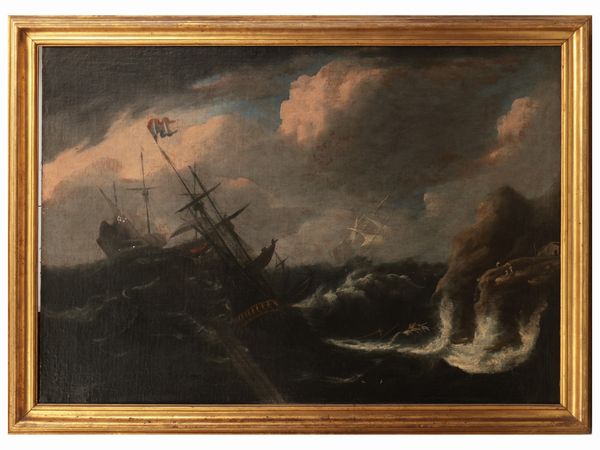 Scuola olandese del XVII/XVIII secolo, : Velieri sul mare in tempesta  - Asta Una casa fiorentina - Associazione Nazionale - Case d'Asta italiane