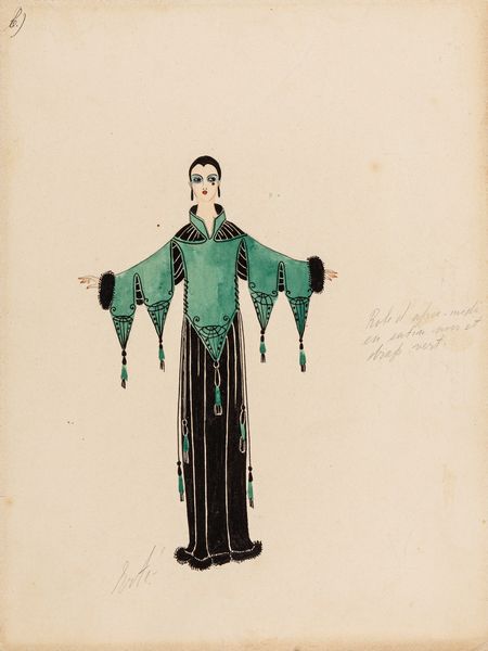 Erté (Romain de Tirtoff) : Robe d'après-midi en satin noir et drap vert  - Asta Ert e il Paris Music Hall - Associazione Nazionale - Case d'Asta italiane