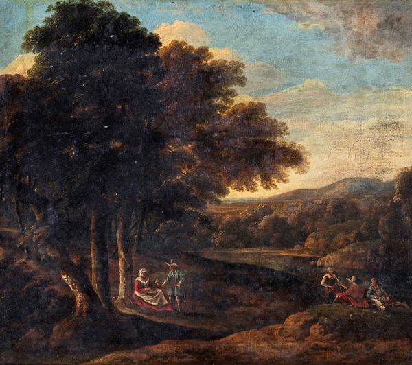 Gaspard Dughet, Ambito di : Paesaggio con pastori  - Asta Antiquariato: Arredi, Dipinti, Oggetti d'Arte, Arte Orientale. - Associazione Nazionale - Case d'Asta italiane