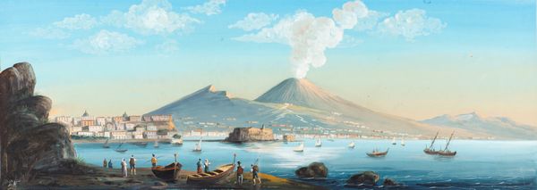 PITTORE DEL XIX SECOLO : Veduta del golfo di Napoli con Castel dell'Ovo e il Vesuvio in eruzione  - Asta Antiquariato: Arredi, Dipinti, Oggetti d'Arte, Arte Orientale. - Associazione Nazionale - Case d'Asta italiane