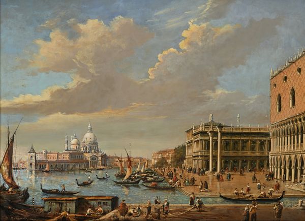 PITTORE DEL XX SECOLO : Veduta di Venezia dal Canal Grande con piazza San Marco e Santa Maria della Salute  - Asta Antiquariato: Arredi, Dipinti, Oggetti d'Arte, Arte Orientale. - Associazione Nazionale - Case d'Asta italiane