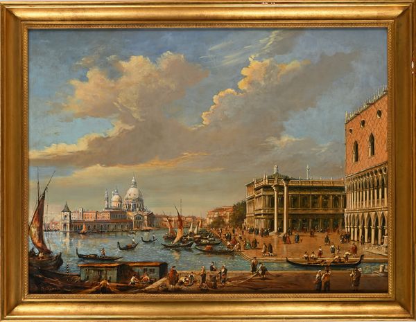 PITTORE DEL XX SECOLO : Veduta di Venezia dal Canal Grande con piazza San Marco e Santa Maria della Salute  - Asta Antiquariato: Arredi, Dipinti, Oggetti d'Arte, Arte Orientale. - Associazione Nazionale - Case d'Asta italiane