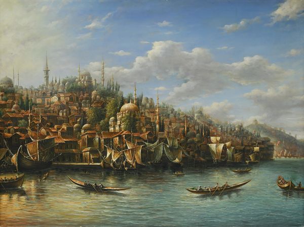 Pittore orientalista del XX secolo : Veduta della Moschea di Solimano dal Ponte di Galata a Istanbul  - Asta Antiquariato: Arredi, Dipinti, Oggetti d'Arte, Arte Orientale. - Associazione Nazionale - Case d'Asta italiane