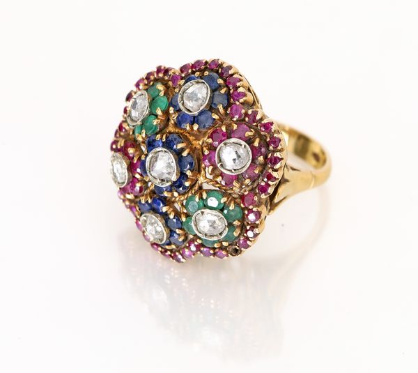 Anello a fiore multicolor, diamanti, zaffiri, smeraldi e rubini  - Asta Gioielli e Coralli - Associazione Nazionale - Case d'Asta italiane