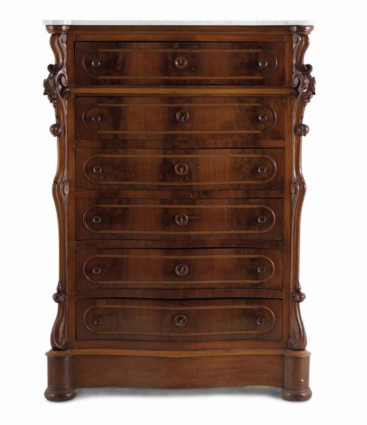 Secretaire a sei cassetti in legno intagliato. XIX secolo  - Asta Antiquariato - Associazione Nazionale - Case d'Asta italiane