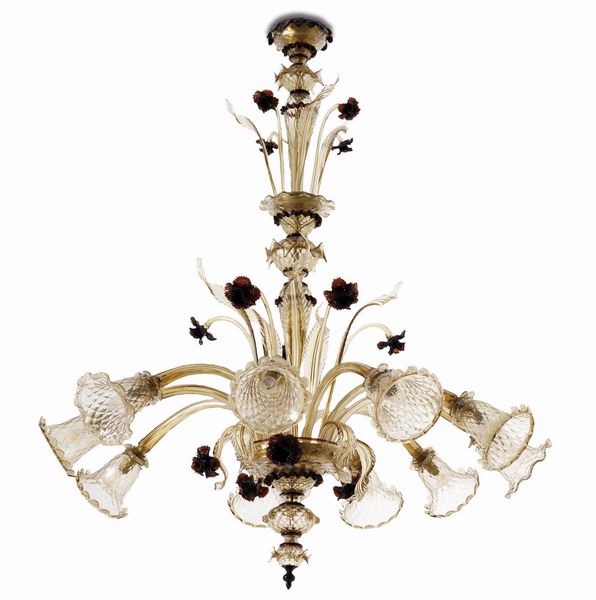 Lampadario in vetro di Murano a 10 luci. XX secolo  - Asta Antiquariato - Associazione Nazionale - Case d'Asta italiane