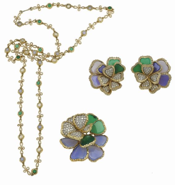 Parure composta da spilla, orecchini, e collana con calcedonio e diamanti  - Asta Gioielli - Associazione Nazionale - Case d'Asta italiane