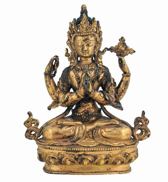 Figura di Avalokiteshvara incoronato in bronzo dorato seduto su fiore di loto, Tibet, XIX secolo  - Asta Dipinti e Sculture del XIX-XX secolo - Associazione Nazionale - Case d'Asta italiane