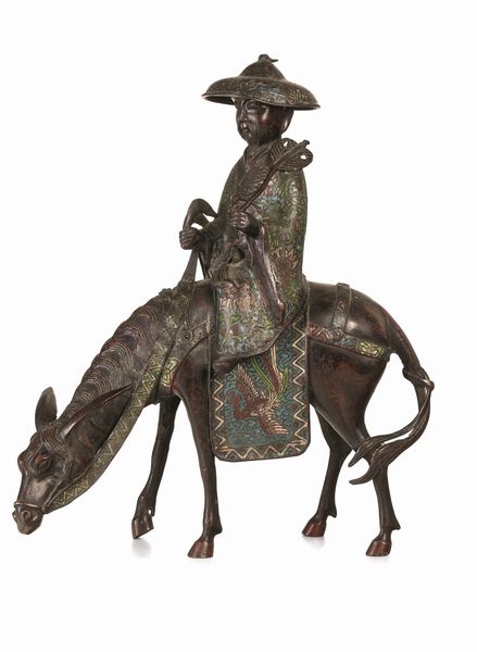 Figura di saggio che cavalca un mulo in smalto cloisonn, Giappone, XIX secolo  - Asta Dipinti e Sculture del XIX-XX secolo - Associazione Nazionale - Case d'Asta italiane