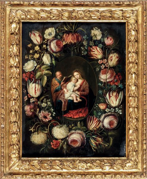 Scuola fiamminga del XVII secolo Sacra Famiglia entro ghirlanda di fiori  - Asta Dipinti e Sculture del XIX-XX secolo - Associazione Nazionale - Case d'Asta italiane