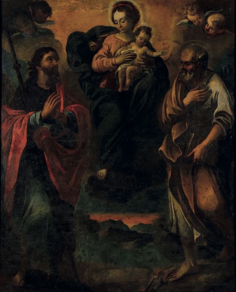 Scuola della fine del XVII secolo Madonna con Bambino e i santi Pietro e Giacomo Maggiore  - Asta Dipinti e Sculture del XIX-XX secolo - Associazione Nazionale - Case d'Asta italiane