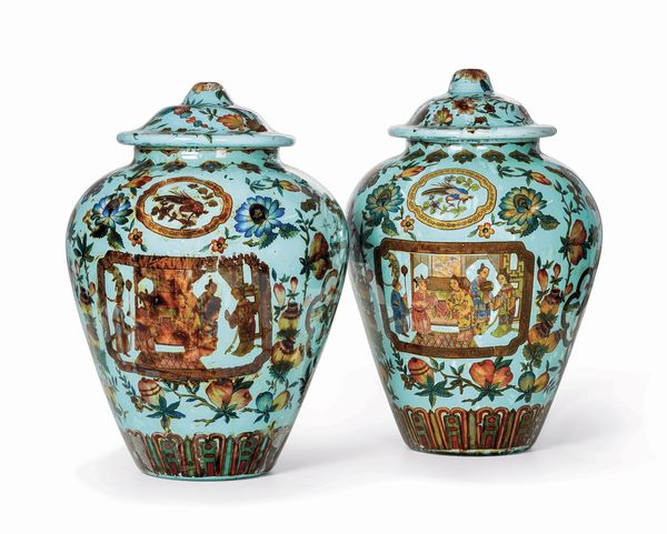 Coppia di potiches a chinoiserie in vetro soffiato decorato ad arte povera. Piemonte, XIX secolo  - Asta Dipinti e Sculture del XIX-XX secolo - Associazione Nazionale - Case d'Asta italiane