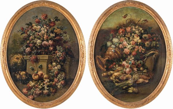 Scuola della fine del XVIII secolo Nature morte con composizioni di fiori e frutti in paesaggio  - Asta Dipinti e Sculture del XIX-XX secolo - Associazione Nazionale - Case d'Asta italiane