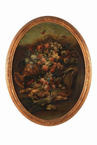 Scuola della fine del XVIII secolo Nature morte con composizioni di fiori e frutti in paesaggio  - Asta Dipinti e Sculture del XIX-XX secolo - Associazione Nazionale - Case d'Asta italiane