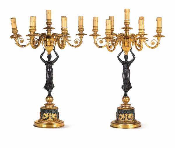 Coppia di candelabri in bronzo. XIX secolo  - Asta Dipinti e Sculture del XIX-XX secolo - Associazione Nazionale - Case d'Asta italiane