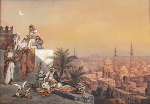 Friedrich Pelberg : Una sera sulla terrazza al Cairo  - Asta Dipinti e Sculture del XIX-XX secolo - Associazione Nazionale - Case d'Asta italiane