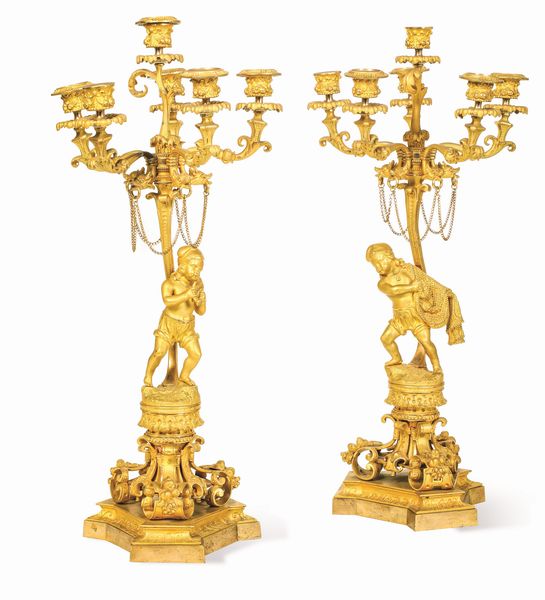 Coppia di candelabri a sei luci in bronzo fuso e dorato. XIX secolo  - Asta Dipinti e Sculture del XIX-XX secolo - Associazione Nazionale - Case d'Asta italiane