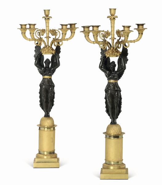 Coppia di candelabri in bronzo dorato e patinato. XIX secolo  - Asta Dipinti e Sculture del XIX-XX secolo - Associazione Nazionale - Case d'Asta italiane