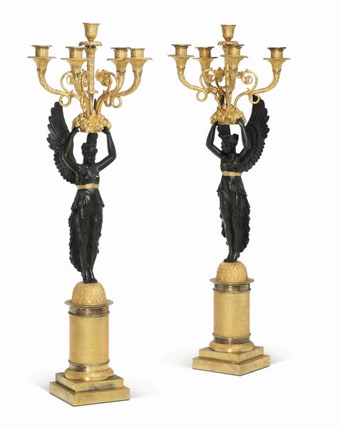 Coppia di candelabri in bronzo dorato e patinato. XIX secolo  - Asta Dipinti e Sculture del XIX-XX secolo - Associazione Nazionale - Case d'Asta italiane