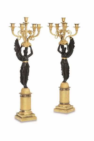 Coppia di candelabri in bronzo dorato e patinato. XIX secolo  - Asta Dipinti e Sculture del XIX-XX secolo - Associazione Nazionale - Case d'Asta italiane