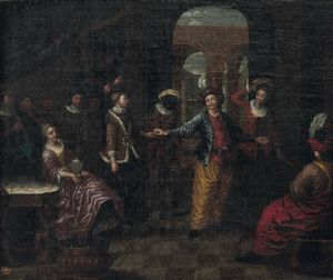 Pietro Longhi, Ambito di : Interno con maschere veneziane  - Asta Dipinti e Sculture del XIX-XX secolo - Associazione Nazionale - Case d'Asta italiane