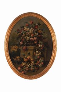 Scuola della fine del XVIII secolo Nature morte con composizioni di fiori e frutti in paesaggio  - Asta Dipinti e Sculture del XIX-XX secolo - Associazione Nazionale - Case d'Asta italiane