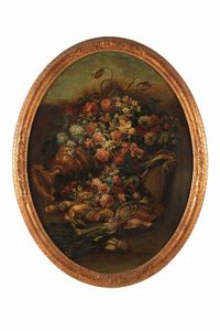 Scuola della fine del XVIII secolo Nature morte con composizioni di fiori e frutti in paesaggio  - Asta Dipinti e Sculture del XIX-XX secolo - Associazione Nazionale - Case d'Asta italiane