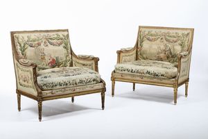 Coppia di bergere e un pouf in legno intagliato e dorato. XIX-XX secolo  - Asta Dipinti e Sculture del XIX-XX secolo - Associazione Nazionale - Case d'Asta italiane