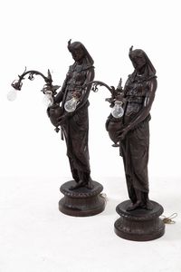 Coppia di lampade in bronzo patinato. Inizi XX secolo  - Asta Dipinti e Sculture del XIX-XX secolo - Associazione Nazionale - Case d'Asta italiane