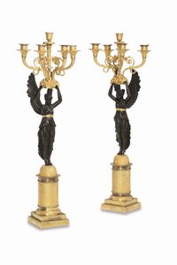 Coppia di candelabri in bronzo dorato e patinato. XIX secolo  - Asta Dipinti e Sculture del XIX-XX secolo - Associazione Nazionale - Case d'Asta italiane