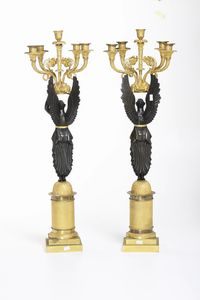 Coppia di candelabri in bronzo dorato e patinato. XIX secolo  - Asta Dipinti e Sculture del XIX-XX secolo - Associazione Nazionale - Case d'Asta italiane