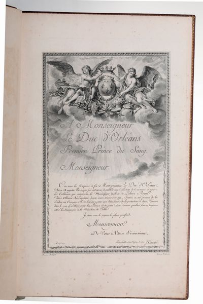 Jean Couche Galerie du Palais Royal, solo vol. II. Presumibilmente 1786. In 2, 520 x 330 mm. Mancante del frontespizio inciso. Dedicatoria al Duc de Orleans con grande stemma sollevato in cielo da due angeli. Raccolta di tavole incise raffiguranti nella parte superiore i vari dipinti, spiegati poi dal testo sottostante. Esemplare molto buono, che presenta alcune fioriture e bruniture. Legatura coeva in piena pelle nocciola con fregi e decorazioni in oro e a secco. Lievi abrasioni e difetti al dorso e ai piatti. Proposto come collezione di stampe incise.  - Asta Sei Secoli di Arti e Arredi - Associazione Nazionale - Case d'Asta italiane