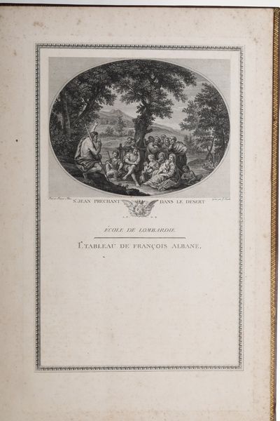 Jean Couche Galerie du Palais Royal, solo vol. II. Presumibilmente 1786. In 2, 520 x 330 mm. Mancante del frontespizio inciso. Dedicatoria al Duc de Orleans con grande stemma sollevato in cielo da due angeli. Raccolta di tavole incise raffiguranti nella parte superiore i vari dipinti, spiegati poi dal testo sottostante. Esemplare molto buono, che presenta alcune fioriture e bruniture. Legatura coeva in piena pelle nocciola con fregi e decorazioni in oro e a secco. Lievi abrasioni e difetti al dorso e ai piatti. Proposto come collezione di stampe incise.  - Asta Sei Secoli di Arti e Arredi - Associazione Nazionale - Case d'Asta italiane