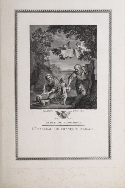 Jean Couche Galerie du Palais Royal, solo vol. II. Presumibilmente 1786. In 2, 520 x 330 mm. Mancante del frontespizio inciso. Dedicatoria al Duc de Orleans con grande stemma sollevato in cielo da due angeli. Raccolta di tavole incise raffiguranti nella parte superiore i vari dipinti, spiegati poi dal testo sottostante. Esemplare molto buono, che presenta alcune fioriture e bruniture. Legatura coeva in piena pelle nocciola con fregi e decorazioni in oro e a secco. Lievi abrasioni e difetti al dorso e ai piatti. Proposto come collezione di stampe incise.  - Asta Sei Secoli di Arti e Arredi - Associazione Nazionale - Case d'Asta italiane