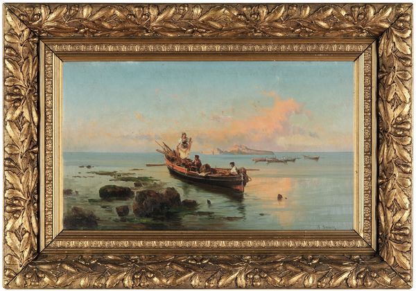 Pietro Barucci, Attribuito a : Pesca al tramonto  - Asta Sei Secoli di Arti e Arredi - Associazione Nazionale - Case d'Asta italiane