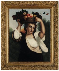 Tiziano Vecellio copia da, d'apres - Giovane donna con cesta di frutti