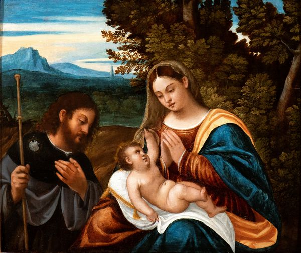 Tiziano Vecellio, Cerchia di : Madonna con Bambino e San Rocco  - Asta Dipinti dal XIV al XIX secolo, con una selezione di sculture - Associazione Nazionale - Case d'Asta italiane