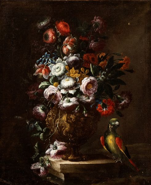 Nicola Casissa, Attribuito a : Bouquet di fiori in un vaso metallico, con pappagallo  - Asta Dipinti dal XIV al XIX secolo, con una selezione di sculture - Associazione Nazionale - Case d'Asta italiane