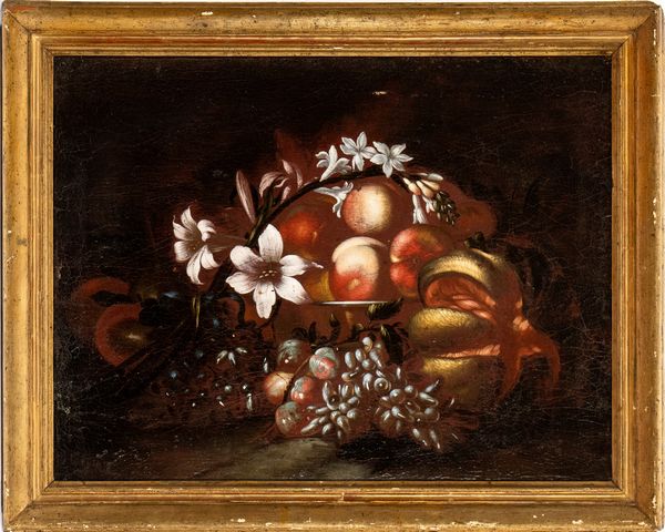 Scuola romana, prima metà XVIII secolo : a) Natura morta di frutti con rose e gelsomini; b) natura morta di frutta con giglio. Coppia di dipinti  - Asta Dipinti dal XIV al XIX secolo, con una selezione di sculture - Associazione Nazionale - Case d'Asta italiane