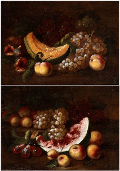 Artista attivo a Roma, prima metà XVIII secolo : a) Natura morta di melone, fichi, uva e pesche; b) natura morta di cocomero, mele, uva e pere. Coppia di dipinti  - Asta Dipinti dal XIV al XIX secolo, con una selezione di sculture - Associazione Nazionale - Case d'Asta italiane