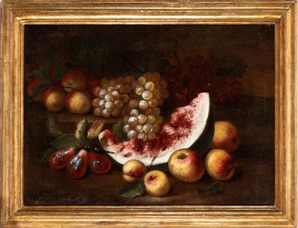 Artista attivo a Roma, prima metà XVIII secolo : a) Natura morta di melone, fichi, uva e pesche; b) natura morta di cocomero, mele, uva e pere. Coppia di dipinti  - Asta Dipinti dal XIV al XIX secolo, con una selezione di sculture - Associazione Nazionale - Case d'Asta italiane