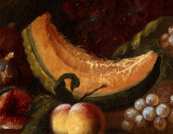 Artista attivo a Roma, prima metà XVIII secolo : a) Natura morta di melone, fichi, uva e pesche; b) natura morta di cocomero, mele, uva e pere. Coppia di dipinti  - Asta Dipinti dal XIV al XIX secolo, con una selezione di sculture - Associazione Nazionale - Case d'Asta italiane