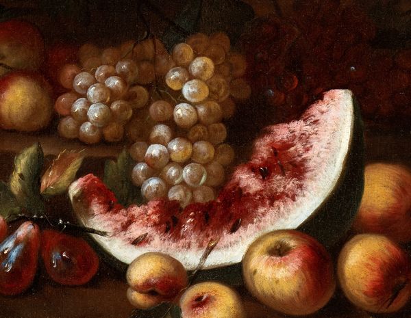 Artista attivo a Roma, prima metà XVIII secolo : a) Natura morta di melone, fichi, uva e pesche; b) natura morta di cocomero, mele, uva e pere. Coppia di dipinti  - Asta Dipinti dal XIV al XIX secolo, con una selezione di sculture - Associazione Nazionale - Case d'Asta italiane